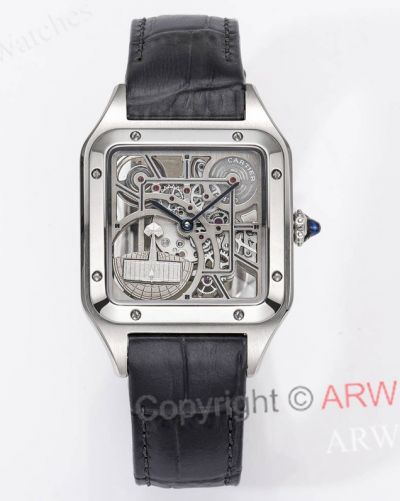 Super Clone Cartier Santos Dumont Skeleton Silver Black Leather Strap Micro Rotor